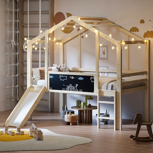 EINHOM Kinderbett 90 x 200 cm, Hausbett mit Rutsche und Treppe, Etagenbett mit Graffiti-Tafel, Rausfallschutz, Multifunktionsbett Massivholzbett, Lattenrost aus Holz, Ohne Matratze (Holzfarbe)