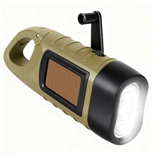 GOINGSKY Linterna Recargable Manivela y Solar, Linterna Dinamo con Mosquetón al Agua, Linternas Solar Recargable, LED L interna de Emergencia con Manivela para Exteriores Camping Apagones, Caqui
