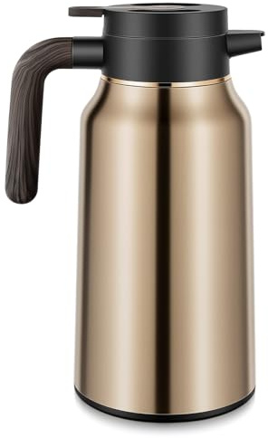 Thermoskanne, 2L Edelstahl Doppelwandingem Kaffeekanne, Isolierkanne mit Quick Press Verschluss, 36 h heiß / 36 h kalt, Kaffeekaraffe mit Holzoptik Griff, Teekanne für Kaffee, Milch, Tee