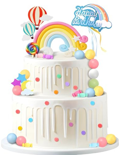 Rainbow Cake Topper Decorations, 18Pcs Cake Toppers - Rainbow Ball Hot-air Balloon Candy, Pastel Cake Decorations for Girls, DIY Cupcake Decorations for Birthday Baby Shower Macaron Party Supplies