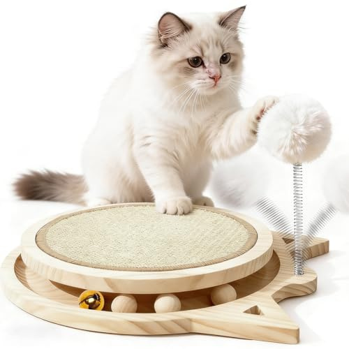 Katzen Kratzbrett - Holz Katze Kratzbrett,Massives Naturliche Sisal Kratzmatte,KatzenSpielzeug Roller Tracks mit Drehteller & Pluschkugel,Obust für Alle Katzen Spielen Kratzbretter Katze