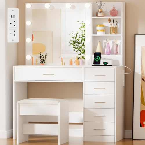 BEWISHOME Dressing Table with Mirror and LED Lights,Vanity Desk with Stool