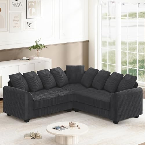 NuvlaGu Modulares Ecksofa 5-Sitzer 202x202cm, L-Form Wohnlandschaft aus Cord, Wolkensofa mit tiefem Sitz & 9 Kissen, Massivholzrahmen, modernes Kombi-Sofa für Wohnzimmer, Grau (Grau)