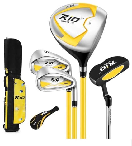Set di mazze da golf per bambini dai 3 ai 12 anni, con mazze ibride, ferri da stiro in legno, putter e sacca da golf, kit completo da golf junior (colore: giallo, altezza bambini 115-135 cm)