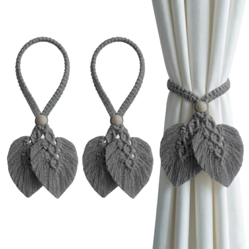 TopHomer 2er-Pack Boho Vorhang-Raffhalter mit Seil - 5 Farboptionen, handgestrickter Raffhalter mit verstellbaren natürlichen Holzperlen für Innen- und Außendekoration (Grau, doppelte Blätter)