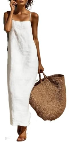Abito Lungo Maxi in Lino e Cotone con Scollo Quadrato e Spalline Sottili Senza Maniche Abiti Lunghi da Donna Casual Larghi Stile Boho per l'Abbigliamento da Resort, bianco, L