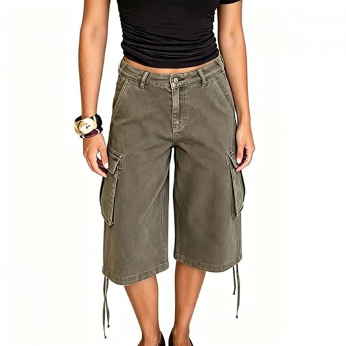 Feclmiyt Women's Camo Cargo Culottes Pants Y2k Drawstring Low Rise Baggy Denim Shorts with Pocket Casual Jorts Streetwear