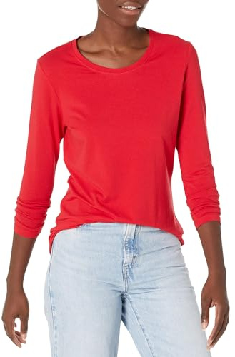 Amazon Essentials Damen Langärmeliges T-Shirt mit Rundhalsausschnitt in klassischer Passform (erhältlich in Übergröße), Kirschrot, Größe S