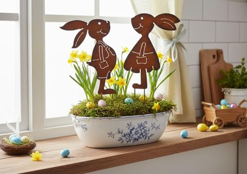 LB H&F Gartenstecker Hasenpaar Mädchen und Junge Rost Design Gartendeko (Gartenstecker)