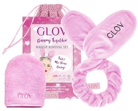 Guanto Struccante Viso Microfibra Kit 3 in 1 Con Panno Rimuove Make-up e Impurità, Fascia Capelli e Ditale Trucco, Regalo Perfetto Per Skincare e Makeup, Bunny Together Set Rosa Pastello