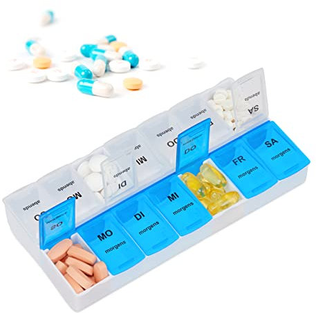 Relaxdays Tablettenbox für 7 Tage, 2 Fächer, morgens, abends, wöchentliche Pillendose für Zuhause & unterwegs, weiß-blau