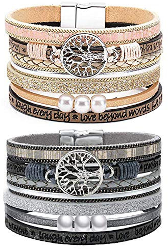 Nanafast Baum des Lebens Armband Mehrschichtiges Lederarmband Magnetische Manschette Armbänder für Frauen Männer Inspirierender Baum des Lebens Geschenke, Kunstleder