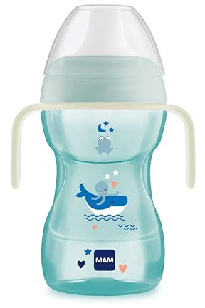 MAM Tazza didattica Vaso Fun to Drink D120 con beccuccio rigido, coperchio protettivo e manici antiscivolo e coperchio per bambini dagli 8 mesi in su, 270 ml, blu (il design può variare)
