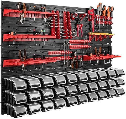 botle Scaffalatura da parete da 115 x 78 cm, 30 scatole portaoggetti, porta attrezzi impilabili, per officina e banco da lavoro, pannello da parete portautensili, supporti per attrezzi da parete