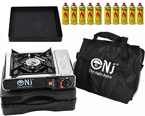 NJ-500 Portable Camping Gas Stove Single Burner Stainless Steel Outdoor Butane GRILL Plate Canisters (Stove + GRILL + 10 Canisters)