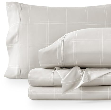 Bare Home King Sheet Set - Luxury 1800 Ultra-Soft Microfiber Double Brushed - Deep Pockets - Easy Fit - 4 Piece Set - Bedding Sheets & Pillowcases (King, Modern Plaid - Stone/White)