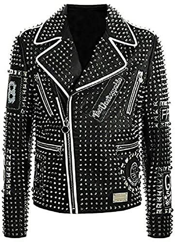 Brando Herren-Motorradjacke, Rock, Punk, Spike, goldene Nieten, Motorradjacke, schwarz, Biker-Jacke aus echtem Leder, Schwarz - Echtleder, M