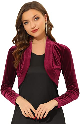 Allegra K Cárdigan Bolero Mujer de Terciopelo Recortado con Frente Abierto de Manga Larga para Vestidos Otoño/Invierno borgoña S