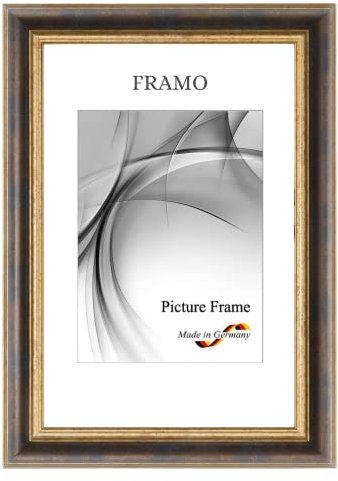 FRAMO N°46 Barock Bilderrahmen 60x80 aus Massivholz | Bronze Gold | Retro Vintage Antik Holzrahmen inkl. bruchsicherer Anti-Reflex Kunstglasscheibe und Metall Aufhängern