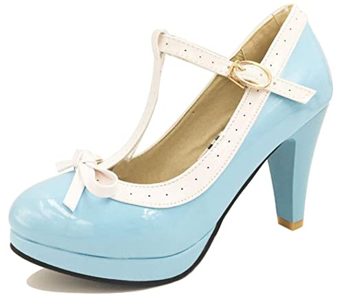Scarpe Mary Jane da Donna con Tacco a Cono, Pompe al Tallone Alto Punta Rotonda Fibbia Scarpe da Festa con Plateau Bowknot Moda, Numero 32-48