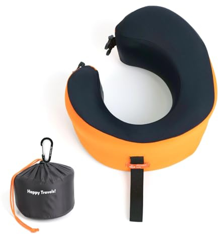 Cushion Lab Travel Pillow, Award-Winning Patented Ergonomic Design for Chin & Neck Support Memory Foam Neck Pillow, Compact Airplane Pillow for Traveling, Flight, Car (Dynamic Orange, Large)