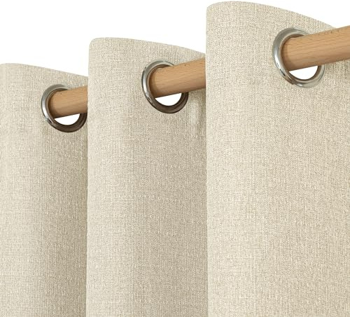 LAMIT Beige Linen Curtains for Bedroom, 90 inches Grommet Thermal Insulated Thick Farmhouse Light Filtering Curtains Noise Reducing Drapes for Living Room, 2 Panels, W52 x L90, Natural Beige