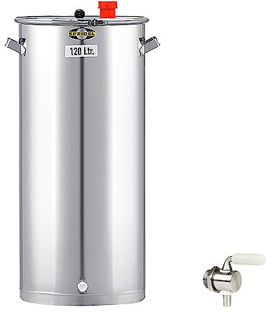 Gärbehälter Edelstahl 440 mm D, 120 Liter inklusive V2A Ablasshahn, Universalfass V2A Edelstahl für Lagerung, Transport und Vergären von Most, Wein, Saft, Gärfass Edelstahl 120L
