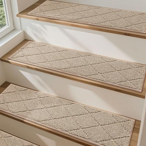 COSY HOMEER Full Edge Wrapping Stair Treads,70x22 CM Non-Slip Carpet Mat for Indoor Stairs, Single Color Polyester Stair Tread Runners Pads for Wooden Steps, Friendly to Kids Pets Elders(4pc, Beige)