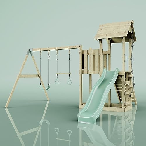 Rebo Spielturm mit Wellenrutsche und 2X Kinder-Schaukel, Outdoor Klettergerüst Garten mit Plattform,Mintgrün