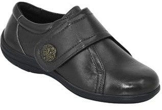 Amber Ladies Extra Wide EE Fit Leather Shoes with Touch Fasten Strap, Smart Everyday Comfort with Stylish Button Detail