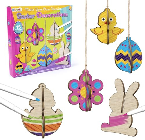 abeec Colour Your Own Easter Decorations | DIY Wooden Easter Craft Kit for Kids | 15 Hanging Ornaments with Felt Tip Pens & Twine | Fun Easter Tree Decorations & Creative Activity for Spring