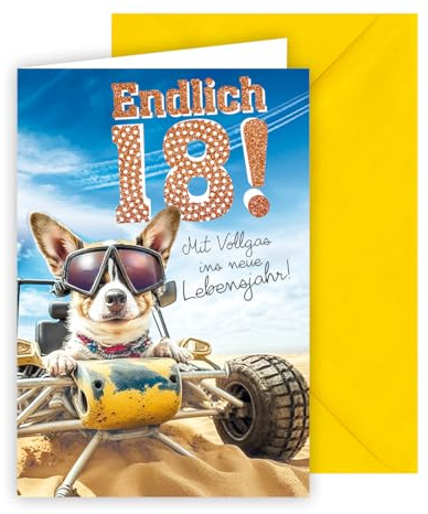 KE - Geburtstagskarte zum 18. Geburtstag, für Jungen und Mädchen, Glückwunschkarte, Glitzerkarte, inkl. Umschlag, DIN B6 Format, gelb, Motiv: Hund im Auto