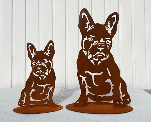 STEINFIGURENWELT GIEBEN Gartenfigur Hund Französische Bulldogge auf Platte 45x26cm Edelrost Gartendeko Wetterfest Rost Metall Rostfigur Bully