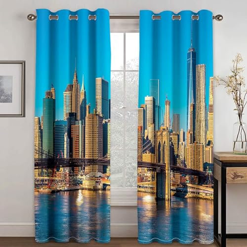 MTBDDyyds Vorhänge Für Kinderzimmer Jungen - 3D Stadt Brücke See 137X117Cm - Kinderzimmervorhänge Mit Ösen, Verdunkelungsvorhang Gardinen Schals Vorhang Blickdicht