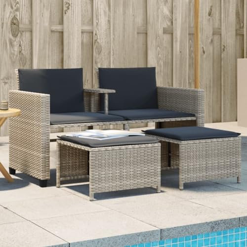 Festnight Gartensofa Ausziehbar Rattan Sofa 2 Sitzer Lounge Sofa Outdoor mit Hocker Kleines Balkon Sofa Balkonmöbel Gartensofa 2-Sitzer Gartenmöbel Set Rattansofa Balkon Lounge Hellgrau