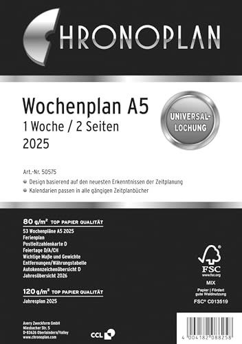 Chronoplan 50575 kalenderinlägg 2025 (veckoplanering A5 (148 x 210 mm) reservkalendarium för mötesplanerare, perfekt för detaljerad veckoplanering, 1 vecka på 2 sidor i rader, med universell hål) vit