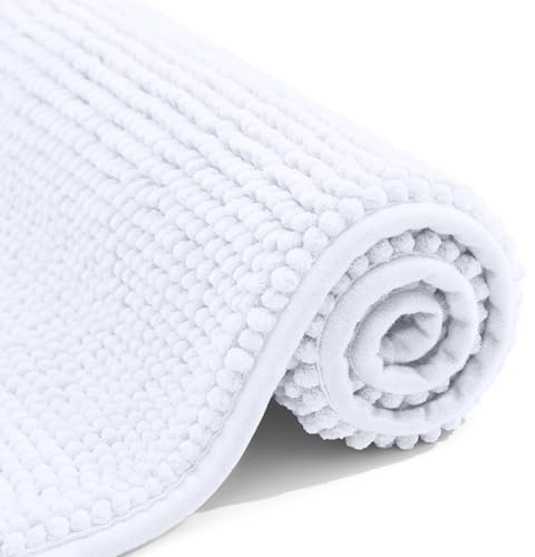 OLANLY Chenille Badematte rutschfest Badezimmerteppich Weich Badteppich Saugfähige Badvorleger Waschbar Duschvorleger für Badezimmer, 40 x 60 cm, Weiß