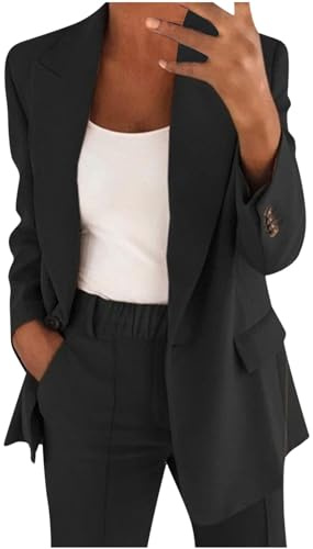 Flodxo Women's 2 Piece Trouser Suit - Long Sleeve Blazer Jacket with Straight Leg Pants Set - Elegant Business Formal Outfit for Work and Office - Black XL