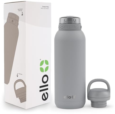 Ello Cooper 40oz Stainless Steel Water Bottle with 2 Lids Chug and Straw | Leak Proof | Double Walled and Vacuum Insulated | Built in Carry Loop | Dishwasher Safe | Gray