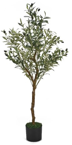 XhuangTech Olivo artificial de 120 cm, árbol de olivo sintético alto con hojas realistas, ramas y frutas, planta falsa con maceta y musgo para el hogar, oficina, balcón, sala de estar, dormitorio,