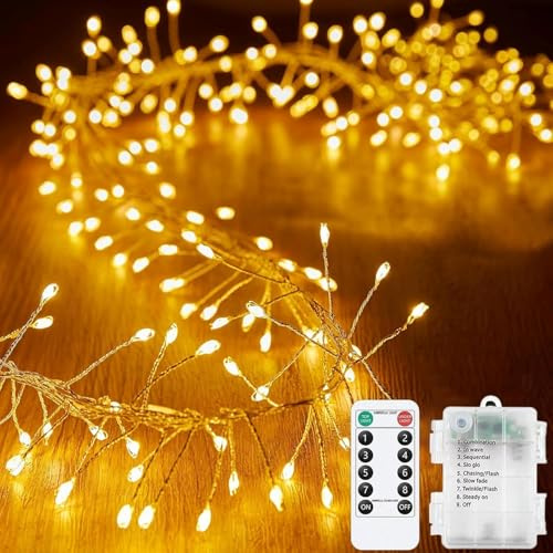 SUAVER Feuerwerk Lichterkette Außen Innen, Cluster Weihnachtsbeleuchtung LED Baum Licht Batteriebetrieben Timer Fernbedienung Wasserdicht Feuerwerkskörper Décor (Warmweiß, 3m 100led)