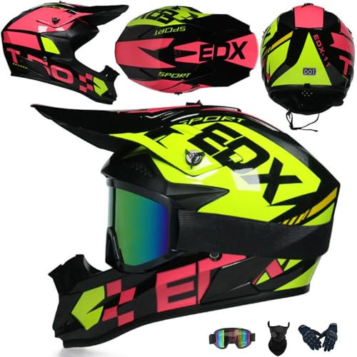 SMTSEC Motocross Helm Kinder Erwachsene Dirt Bike Offroad Cross Helms Herren ATV Motocross Helm Jugend Motorradhelm MX Enduro Full Face MTB Helm Mit Brille Maske Handschuhe Downhill Helm,Pink-S
