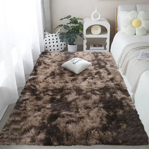 CUIMEI Flauschiger Teppich 110 x 120 cm, Flauschiger Große Größe, Waschbar Und rutschfest Langlebig, Faltbar, für Esszimmer Teppich Fellteppich Rund, braun