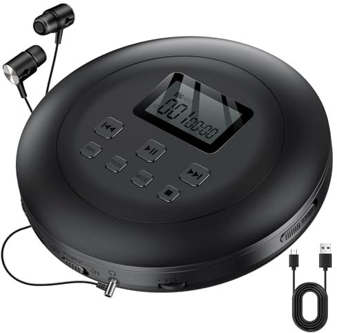 Gueray Tragbarer CD Player Tragbar CD Players Kinder CD-Player HiFi Discman mit Kopfhörer LCD-Display Unterstützung ASP PROG Speicherfunktion Repeat-Funktion BASS Effet Schwarz