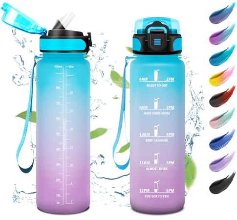 KollyKolla Trinkflasche 1L, Wasserflasche mit Strohhalm, Auslaufsicher, Kohlensäure Geeignet, Sportflasche mit Zeitmarkierung, für Schule, Camping, Fahrrad