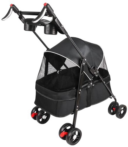 Animaux Voyage Poussette pour Chien 25 Kg avec Sac de Rangement, Housse de Pluie et Porte-gobelet - Pet Stroller Buggy 50*70*95cm Noir