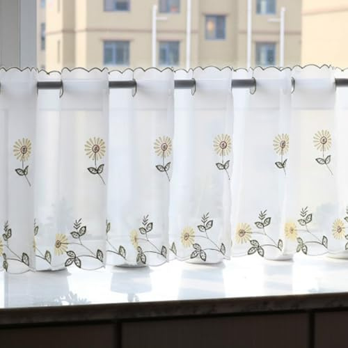 A.Monamour Short Curtain for Small Window Country Style Cafe Voile Net Daisy Flowers Embroidery Semi Transparent Window Treatment Valance Panel Drapes Kitchen Café Curtain Eyelet Top, Yellow Voile
