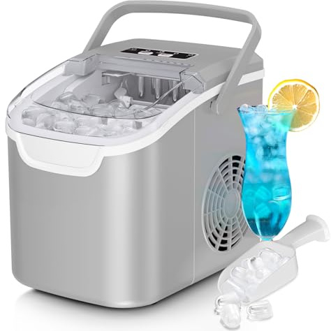Eismaschine für die Arbeitsplatte, 8 Eiswürfel in 6 Minuten, 11,8 kg/Tag Bullet Ice mit 2 Größen, tragbar, energiesparend, Korb/Schaufel für Zuhause/Party/Reisen/Camping/Bar, Grau