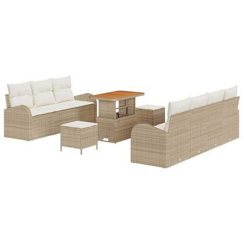 vidaXL Trädgårdsoffset med kudde 10 pcs Beige Poly rattan, Trädgård och Terrass, Modern Utemöbel, Hållbar Poly Rattansoffa, Väderbeständig Uppsättning, Justerbart Bord