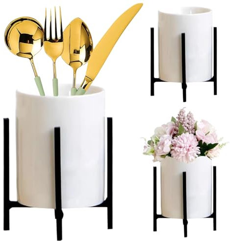 Peosaard Porta di utensili da cucina, supporto per utensili, posate controcette in ceramica con telaio metallico 3.6x4.3 Organizzatore della cucina per deposito e fiori di forchetta, , neri